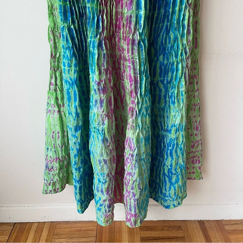 CALYPSO ST BARTH  100% Silk Pleated Maxi Dress Tie Dye Boho Blue Pink Green L - Picture 7 of 15